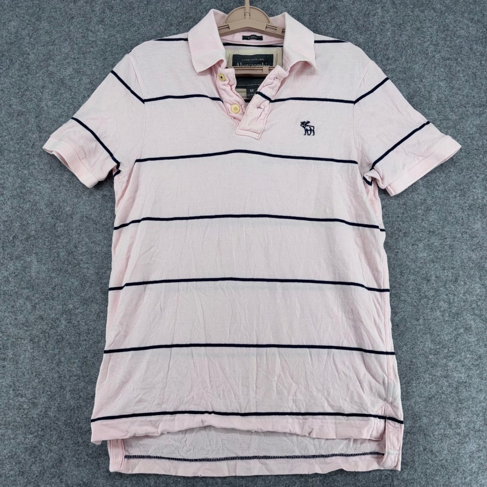 Abercrombie & Fitch Mens Muscle Fit Polo Shirt Pink Navy Blue Striped Medium